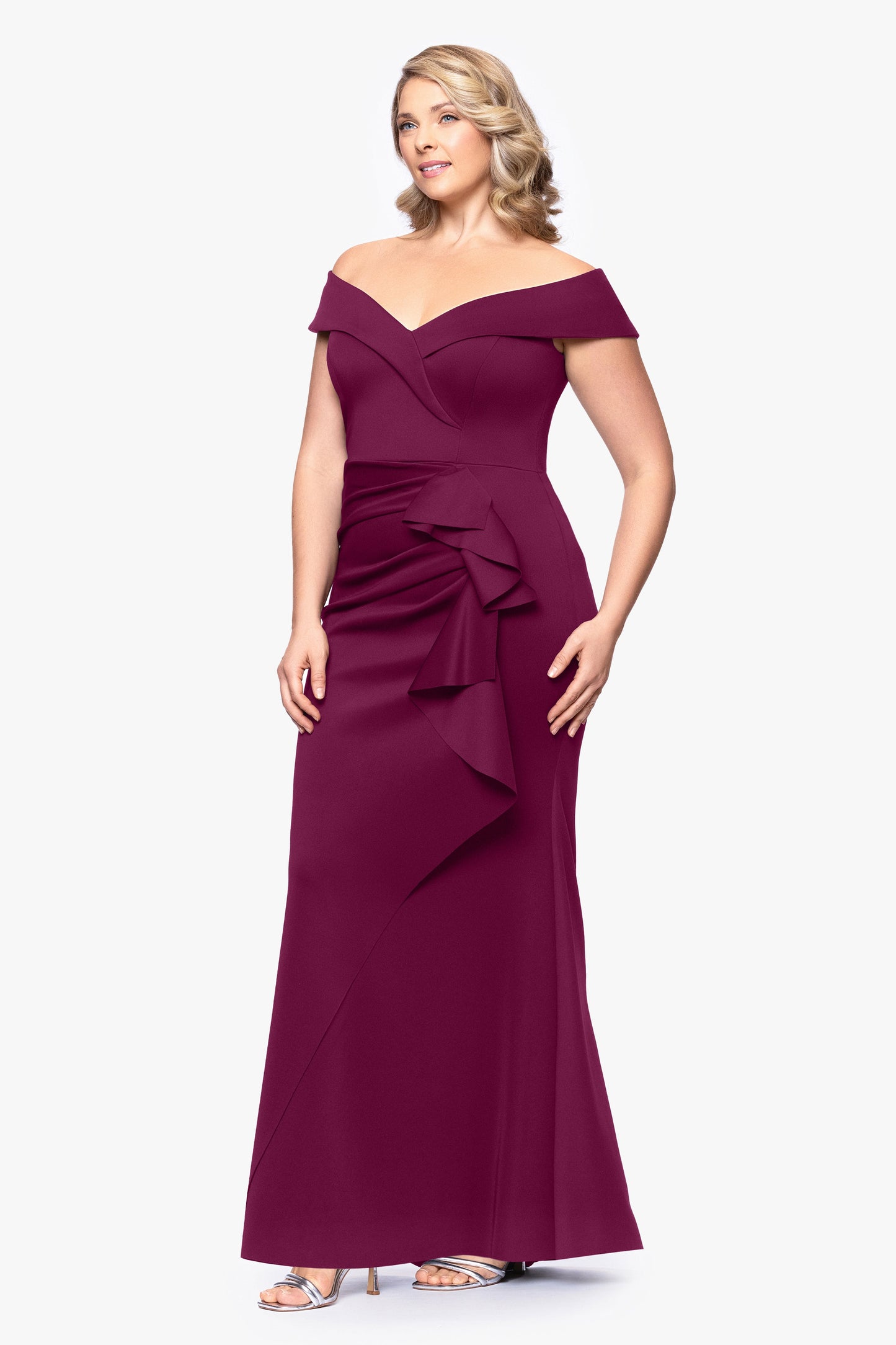 Plus "Patti" Techno Scuba Off The Shoulder Dress Raisin XSCAPE