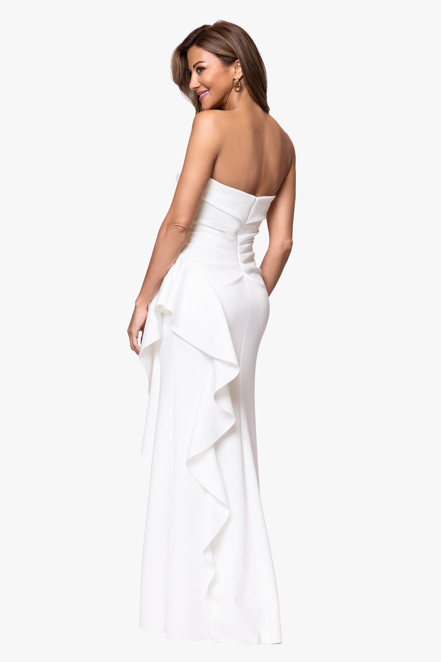 "Jacqueline" Techno Scuba Strapless Ruffle Dress Ivory XSCAPE