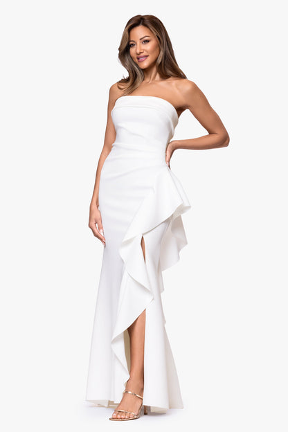 "Jacqueline" Techno Scuba Strapless Ruffle Dress Ivory XSCAPE