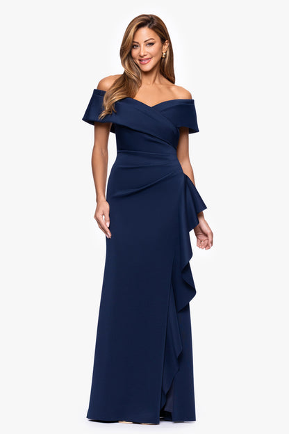 "Pearl" Techno Scuba Off The Shoulder Ruffle Dress Midnight XSCAPE