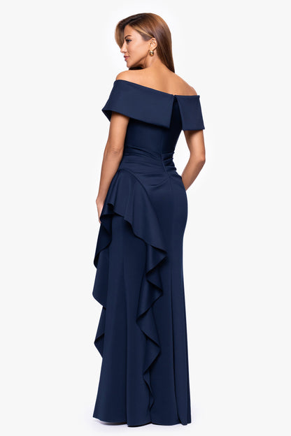 "Pearl" Techno Scuba Off The Shoulder Ruffle Dress Midnight XSCAPE