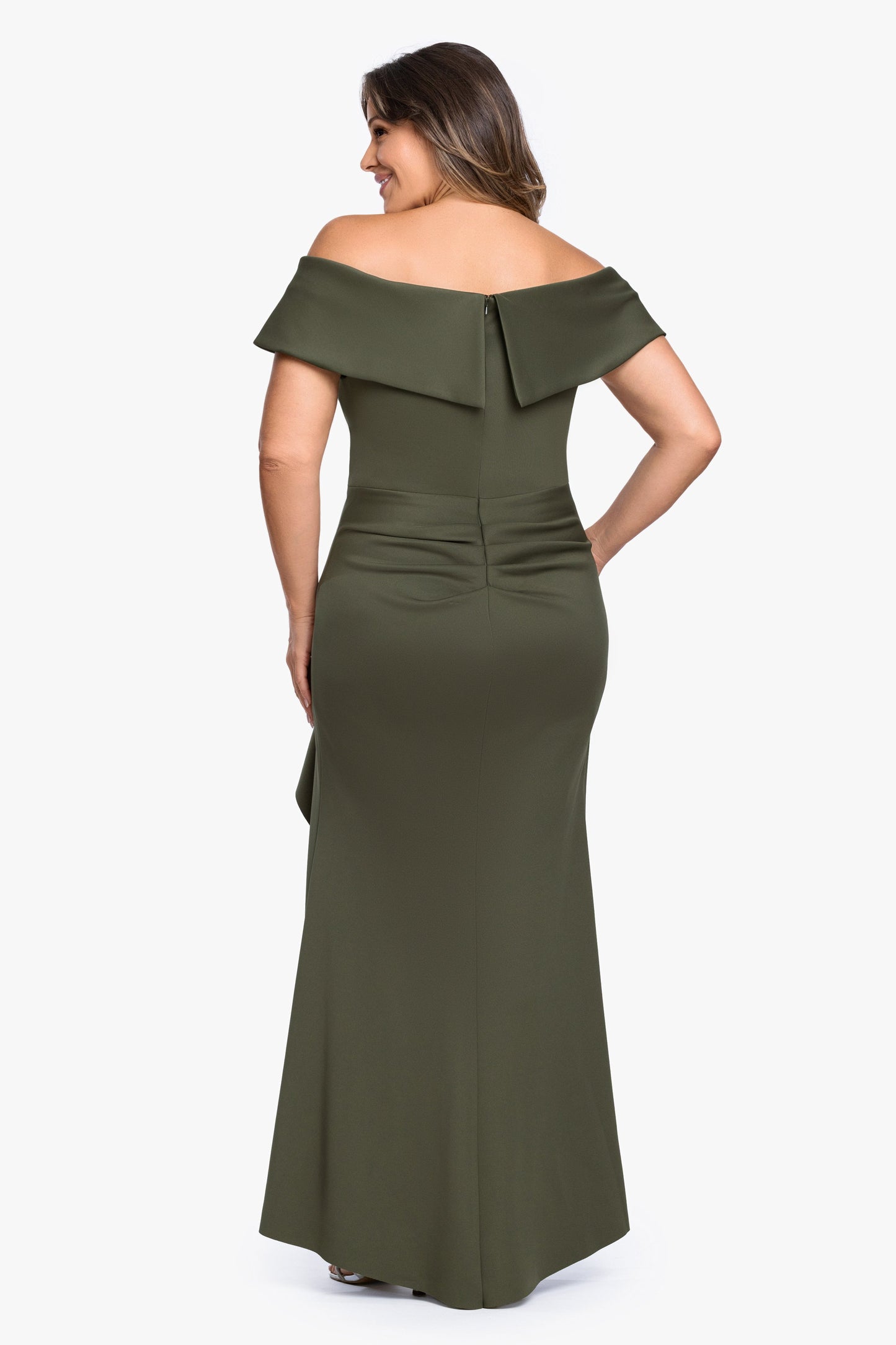 Plus "Patti" Techno Scuba Off The Shoulder Dress Olive XSCAPE