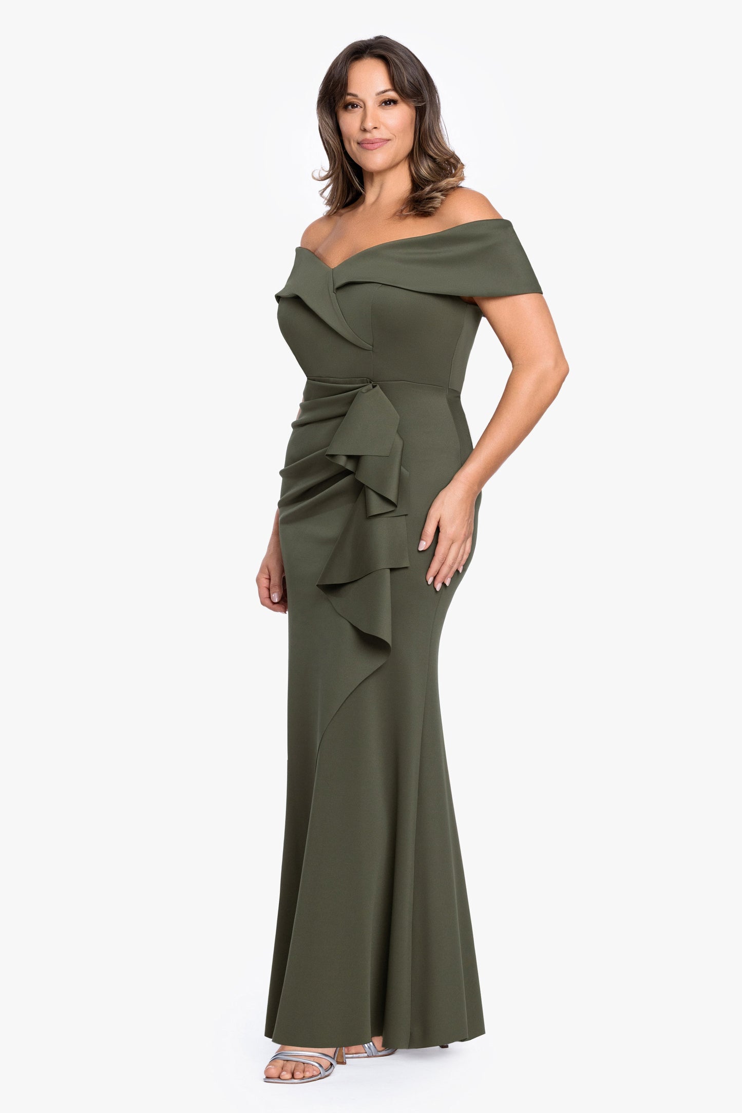 Plus "Patti" Techno Scuba Off The Shoulder Dress Olive XSCAPE