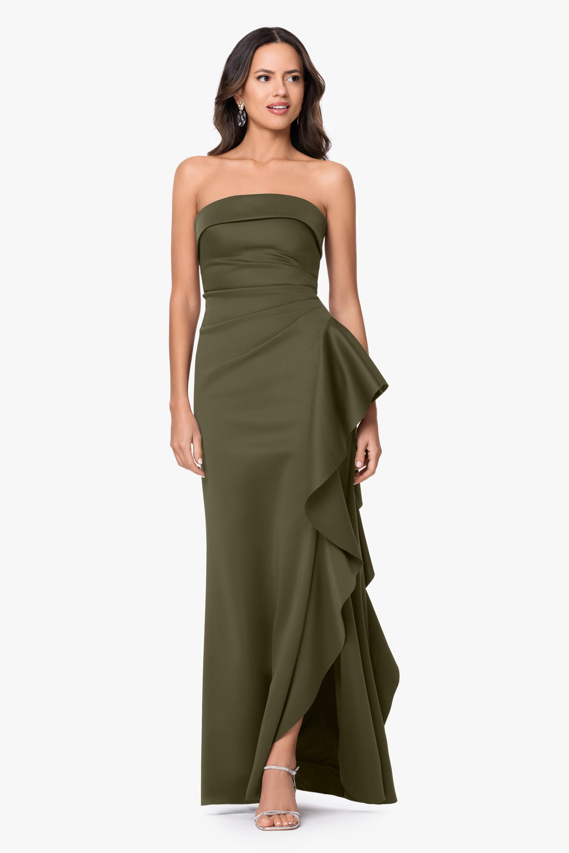 "Jacqueline" Techno Scuba Strapless Ruffle Dress Olive XSCAPE