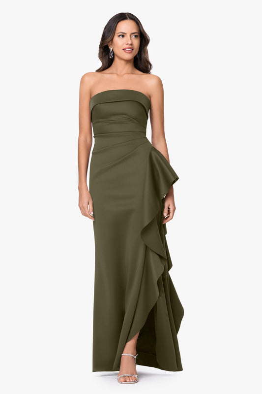 "Jacqueline" Techno Scuba Strapless Ruffle Dress Olive XSCAPE