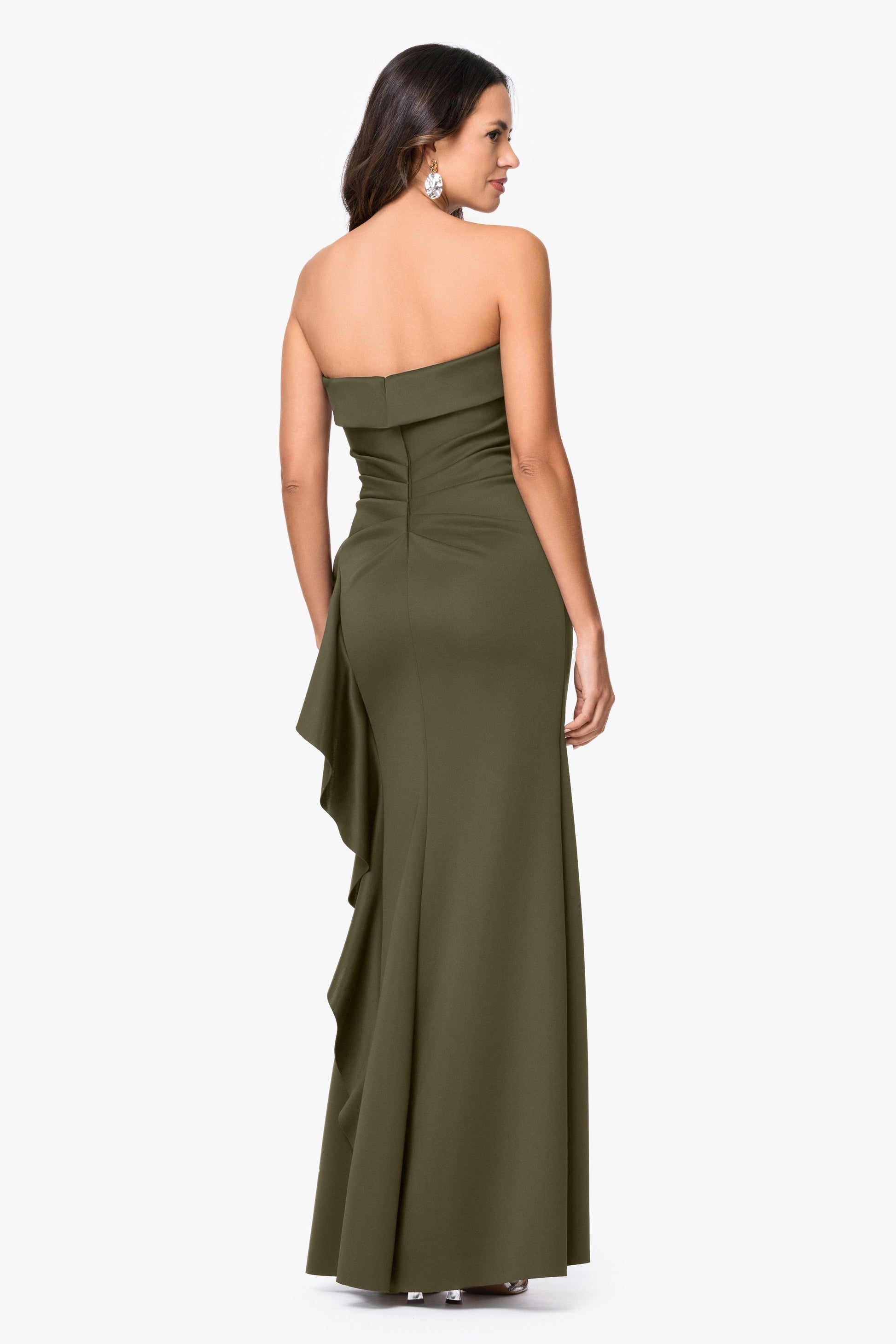 "Jacqueline" Techno Scuba Strapless Ruffle Dress Olive XSCAPE