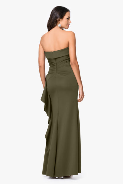 "Jacqueline" Techno Scuba Strapless Ruffle Dress Olive XSCAPE
