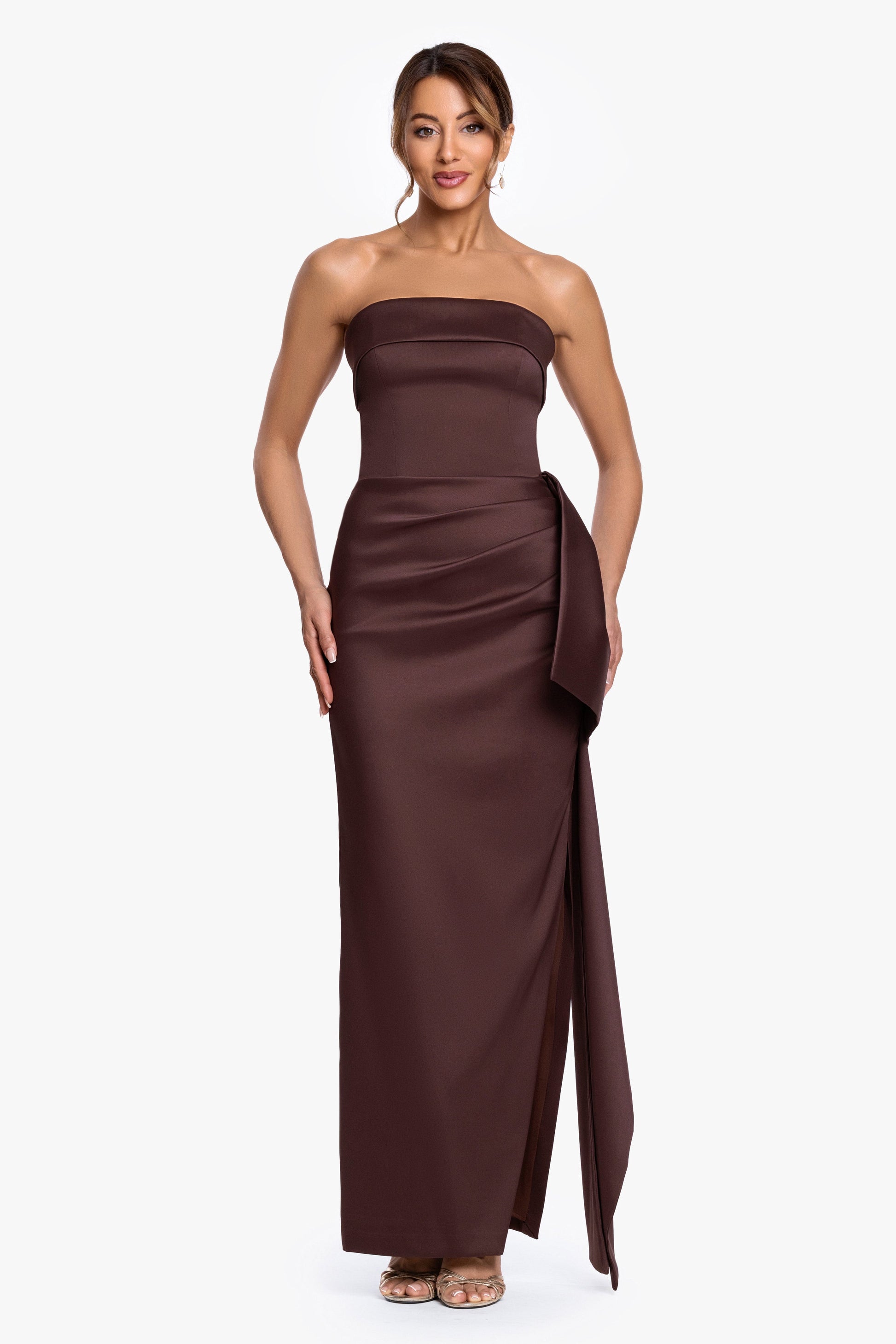 "Remi" Satin Strapless Side Ruffle Dress Chocolate XSCAPE
