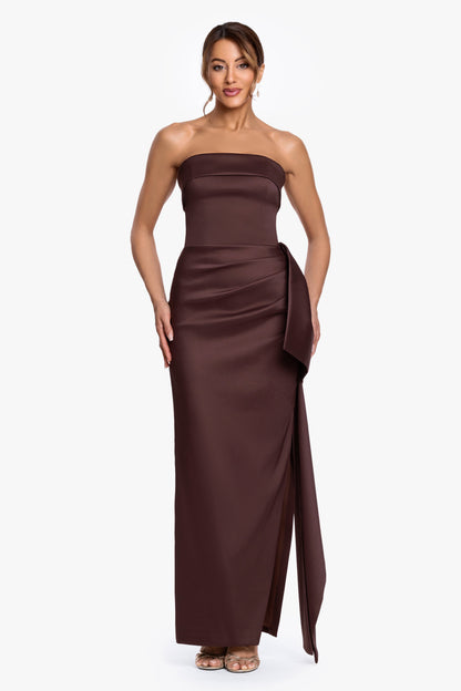 "Remi" Satin Strapless Side Ruffle Dress Chocolate XSCAPE