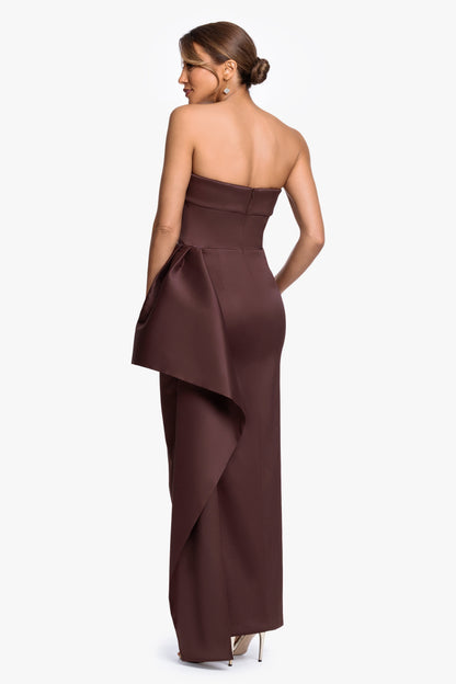"Remi" Satin Strapless Side Ruffle Dress Chocolate XSCAPE