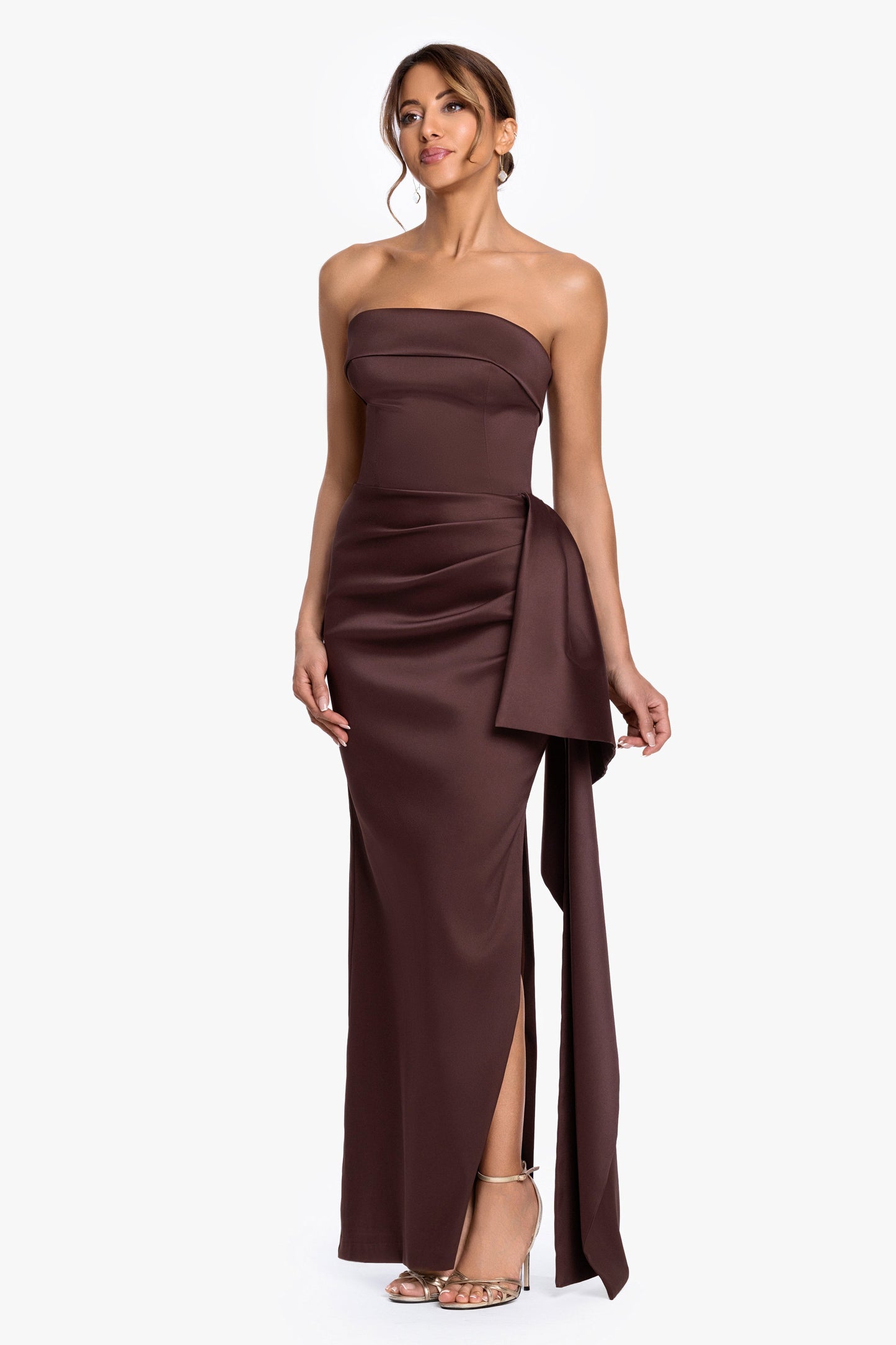 "Remi" Satin Strapless Side Ruffle Dress Chocolate XSCAPE