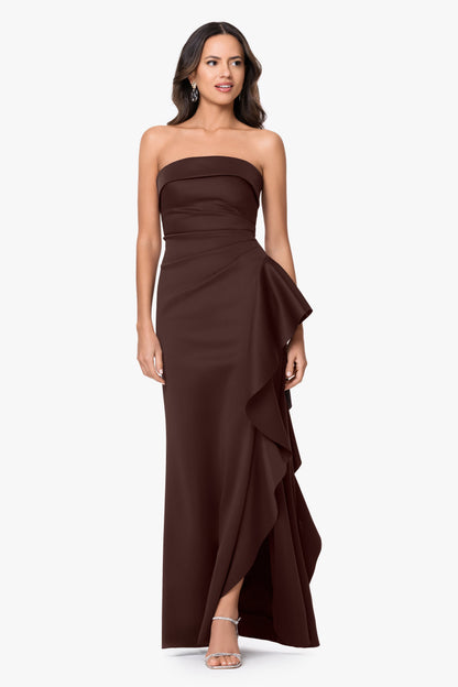 Petite "Jacqueline" Techno Scuba Strapless Ruffle Dress Brown XSCAPE