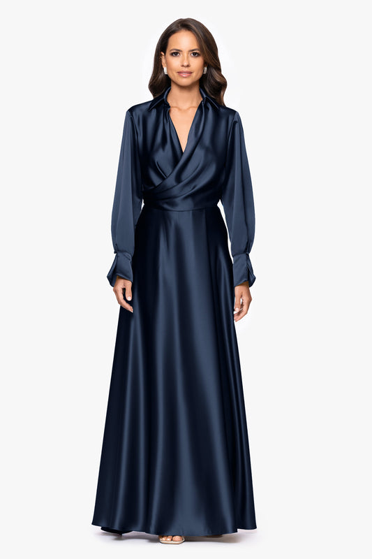 "Kelandra" Satin Collared V-Neck Long Sleeve Dress Navy XSCAPE