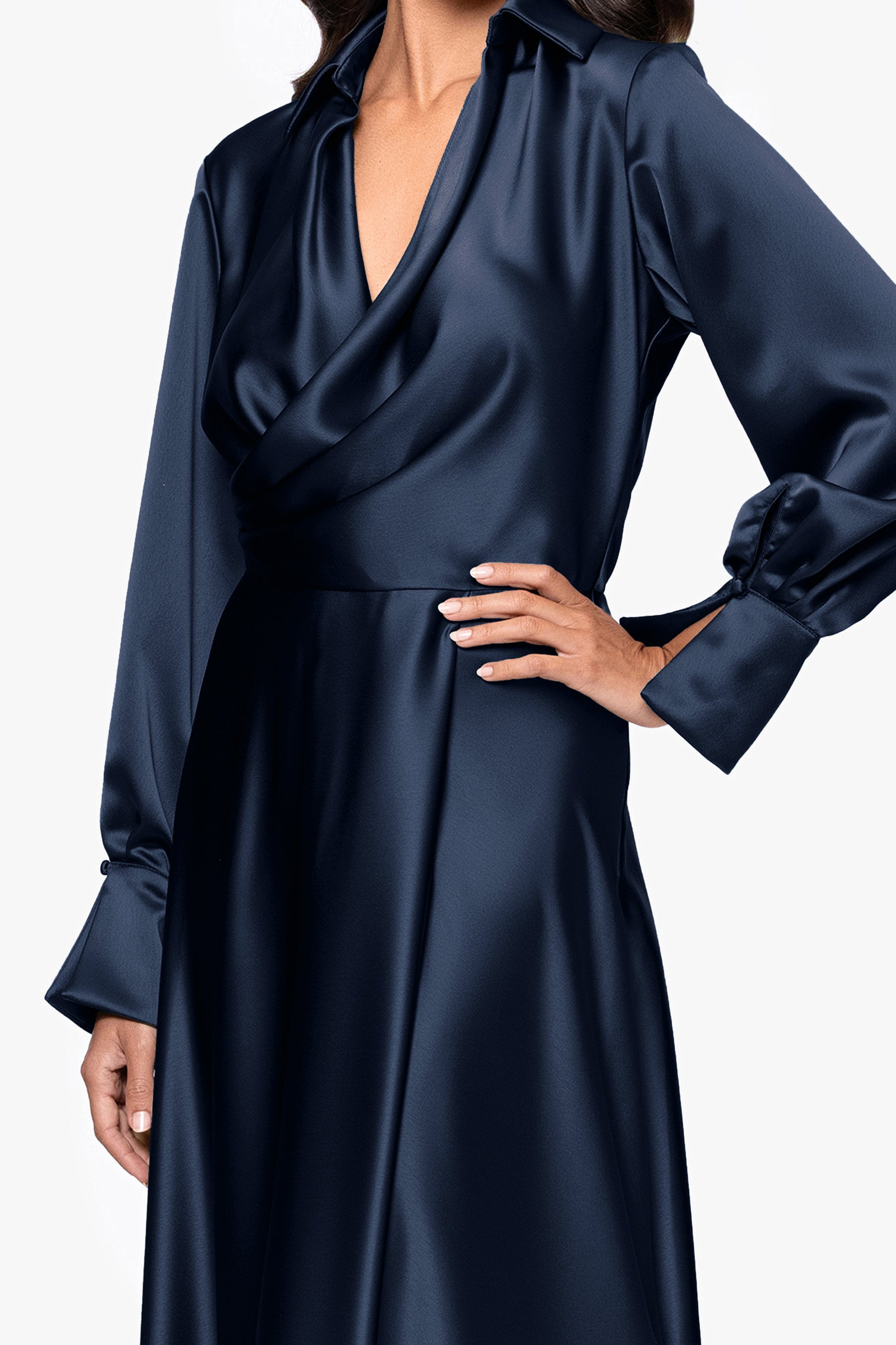 "Kelandra" Satin Collared V-Neck Long Sleeve Dress Navy XSCAPE