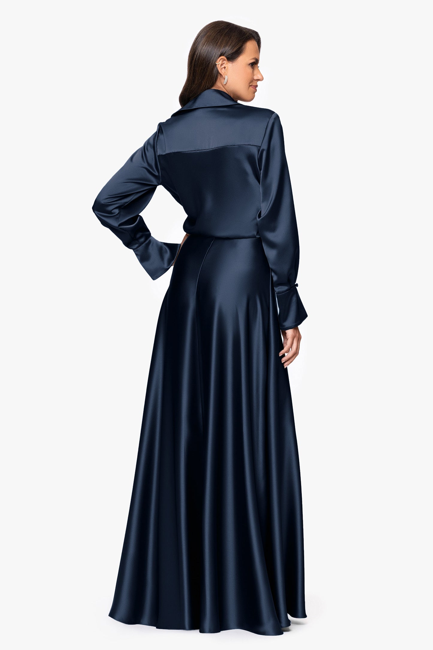 "Kelandra" Satin Collared V-Neck Long Sleeve Dress Navy XSCAPE