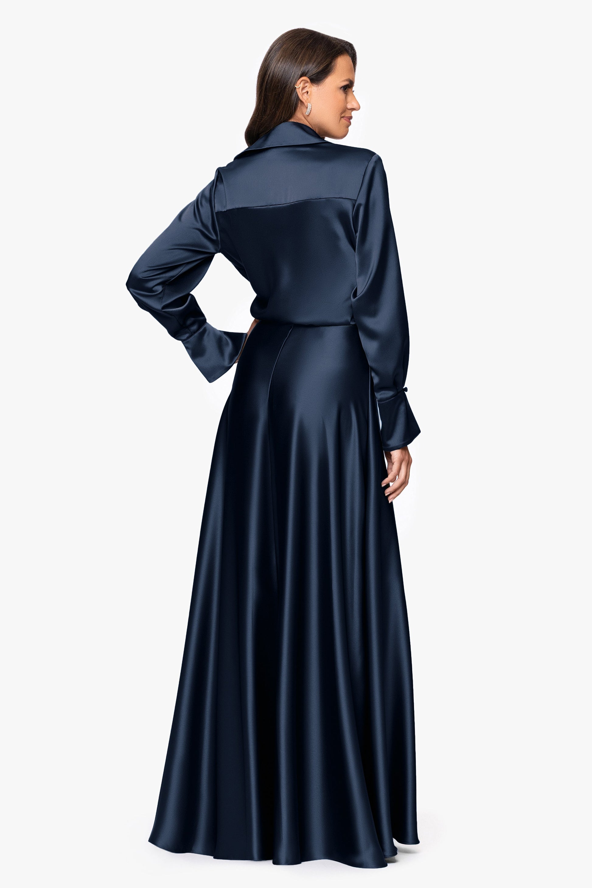 "Kelandra" Satin Collared V-Neck Long Sleeve Dress Navy XSCAPE
