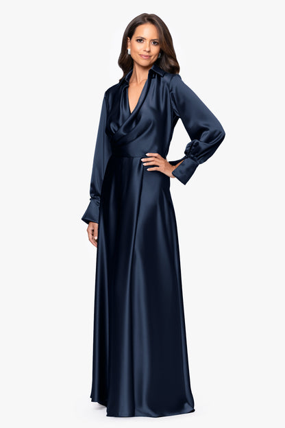 "Kelandra" Satin Collared V-Neck Long Sleeve Dress Navy XSCAPE