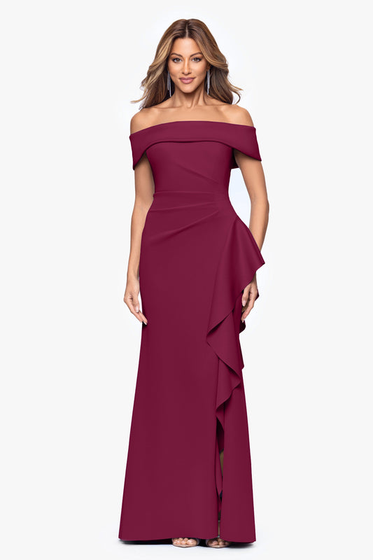 "Dolly" Techno Scuba Off The Shoulder Ruffle Dress Wine XSCAPE