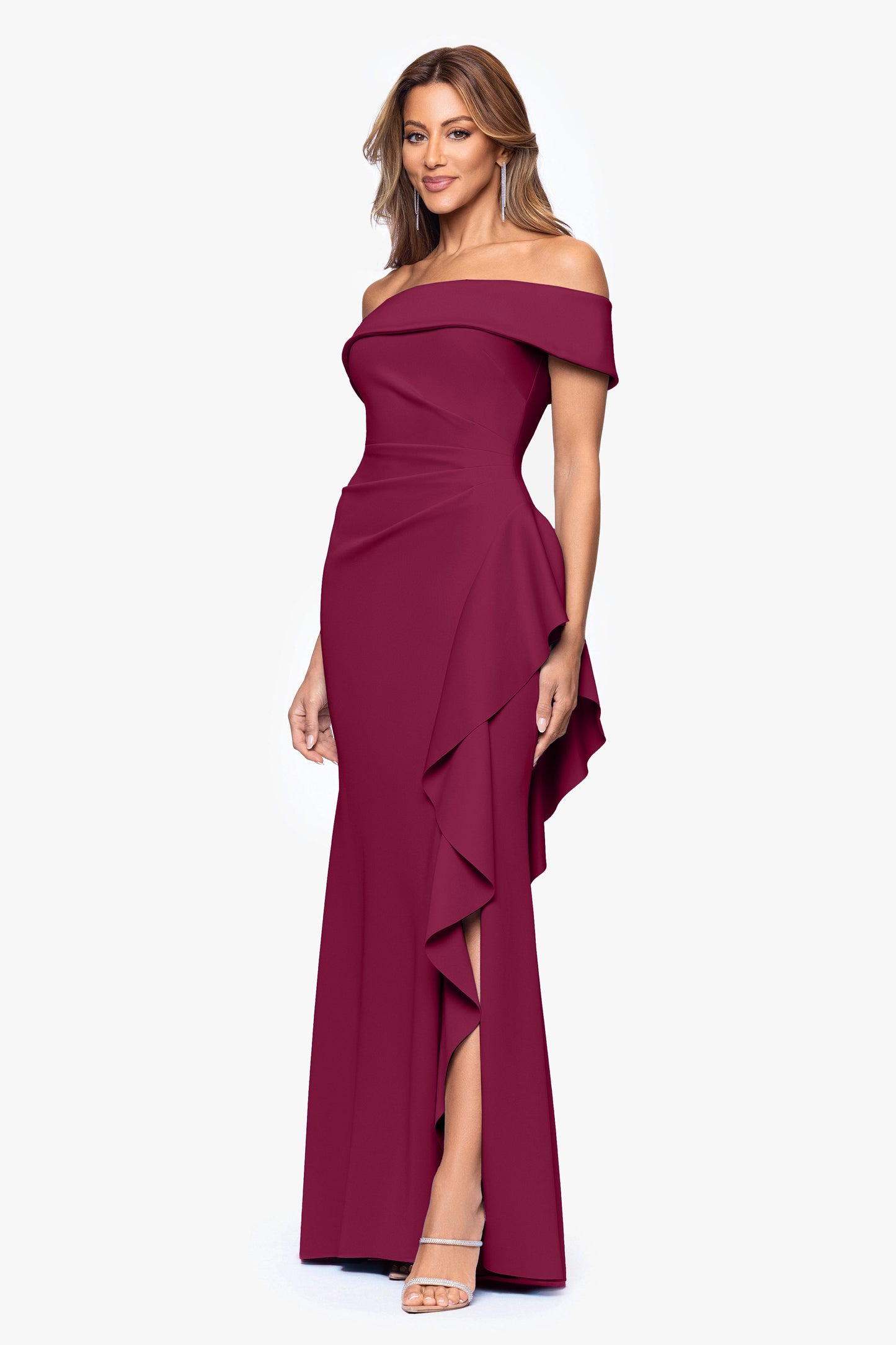"Dolly" Techno Scuba Off The Shoulder Ruffle Dress Wine XSCAPE