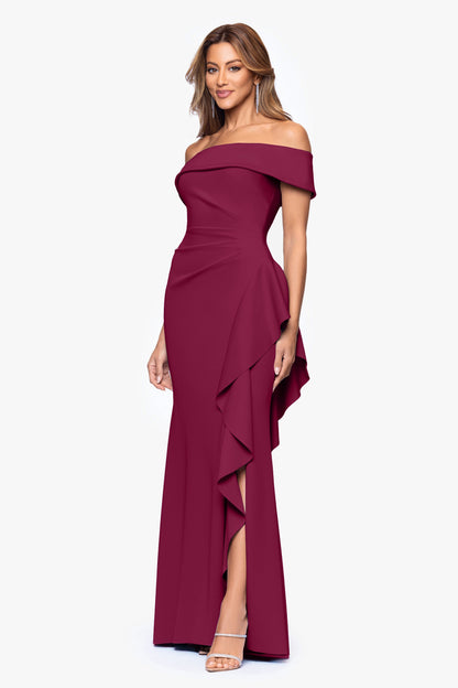 "Dolly" Techno Scuba Off The Shoulder Ruffle Dress Wine XSCAPE