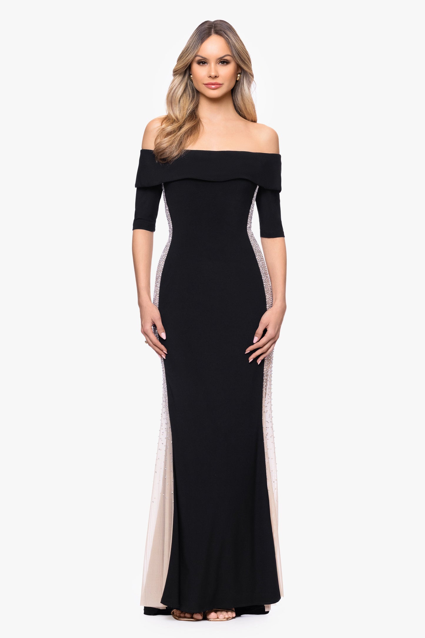 "Alice" Jersey Knit Off The Shoulder Caviar Dress Black/Nude/Silver XSCAPE