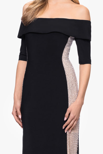 "Alice" Jersey Knit Off The Shoulder Caviar Dress Black/Nude/Silver XSCAPE