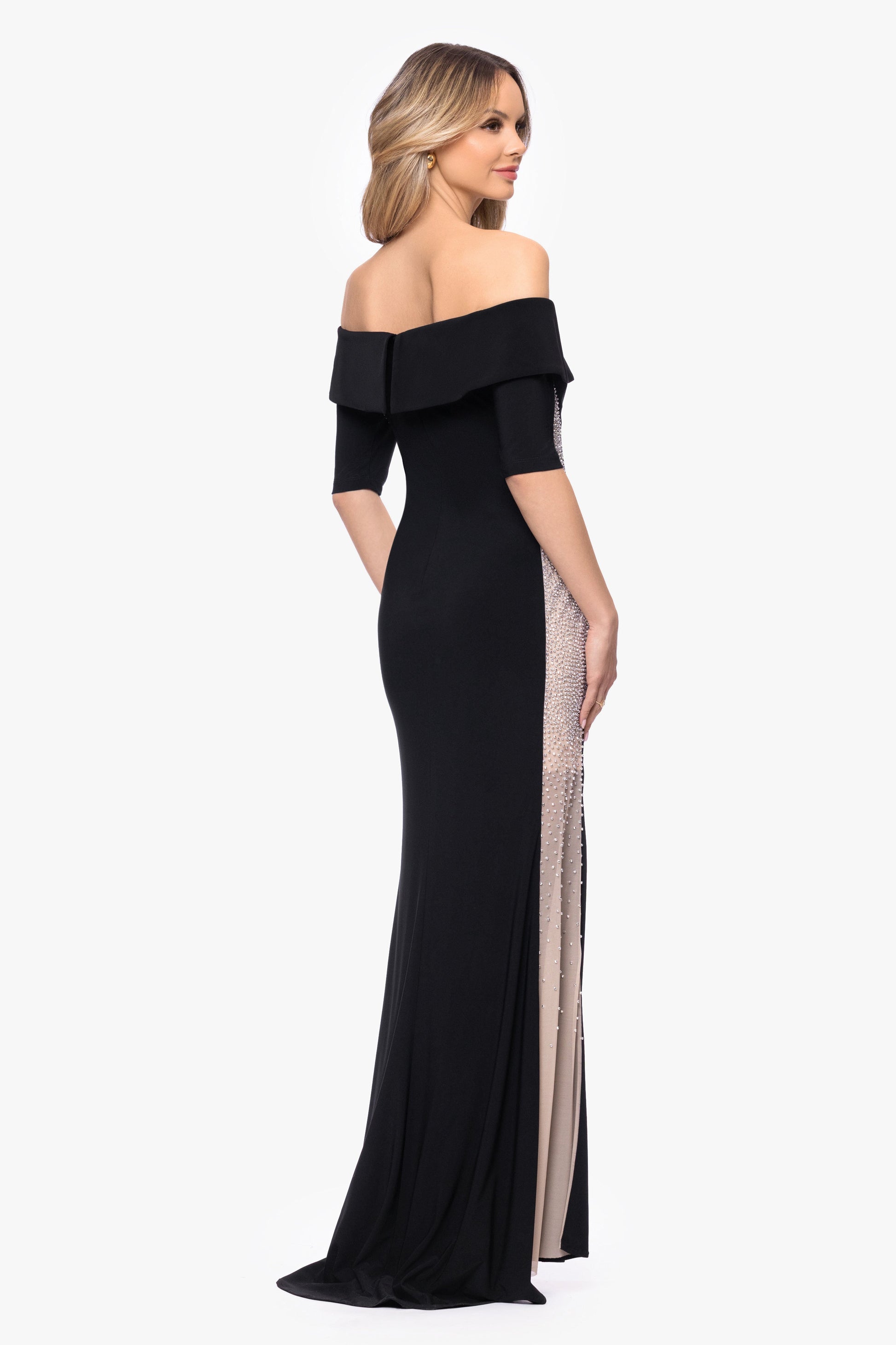 "Alice" Jersey Knit Off The Shoulder Caviar Dress Black/Nude/Silver XSCAPE