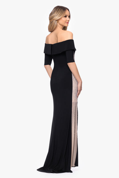 "Alice" Jersey Knit Off The Shoulder Caviar Dress Black/Nude/Silver XSCAPE
