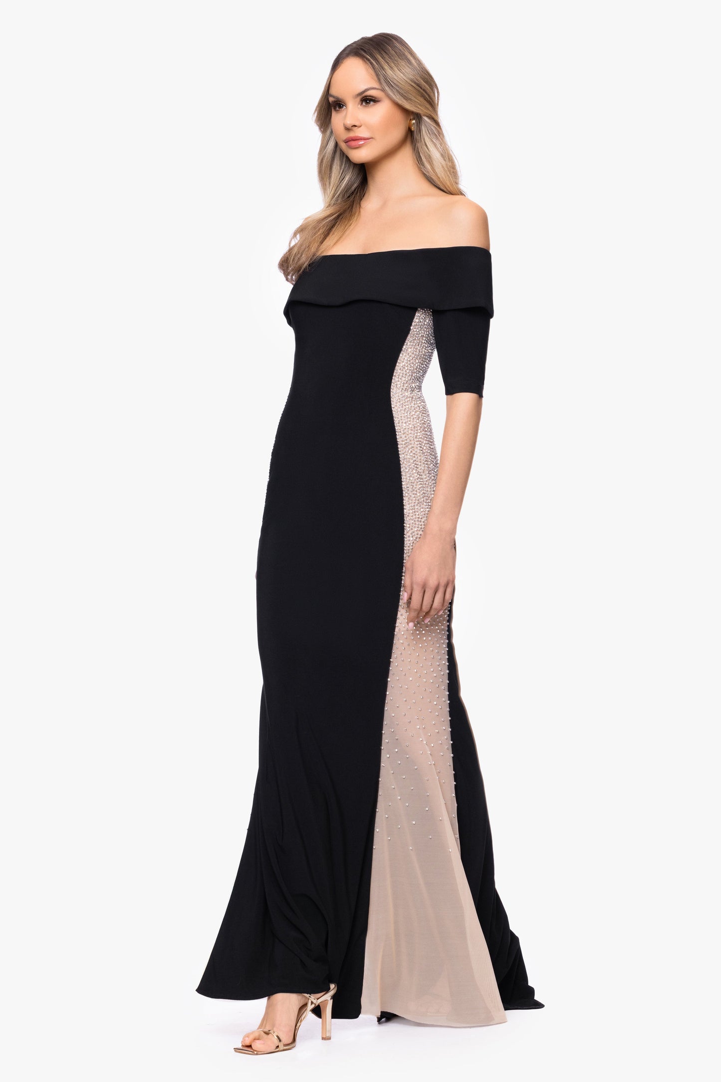 "Alice" Jersey Knit Off The Shoulder Caviar Dress Black/Nude/Silver XSCAPE
