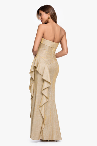 "Elena" Metallic Strapless Side Ruffle Dress Gold/Silver XSCAPE