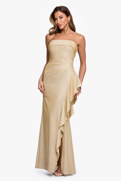 "Elena" Metallic Strapless Side Ruffle Dress Gold/Silver XSCAPE