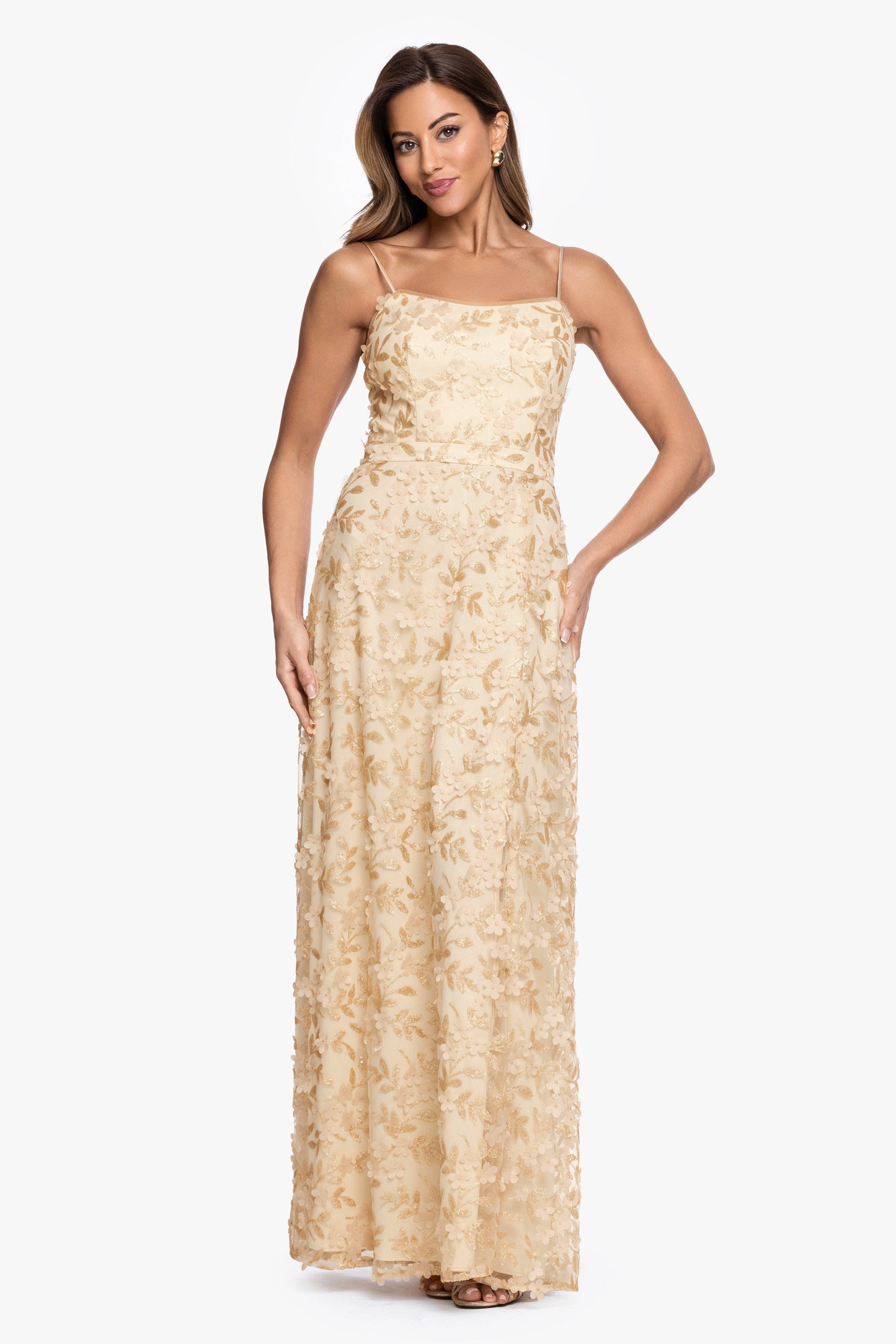 "Natalie" Flower Embellished Spaghetti Strap Gown Gold XSCAPE