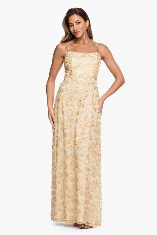 "Natalie" Flower Embellished Spaghetti Strap Gown Gold XSCAPE