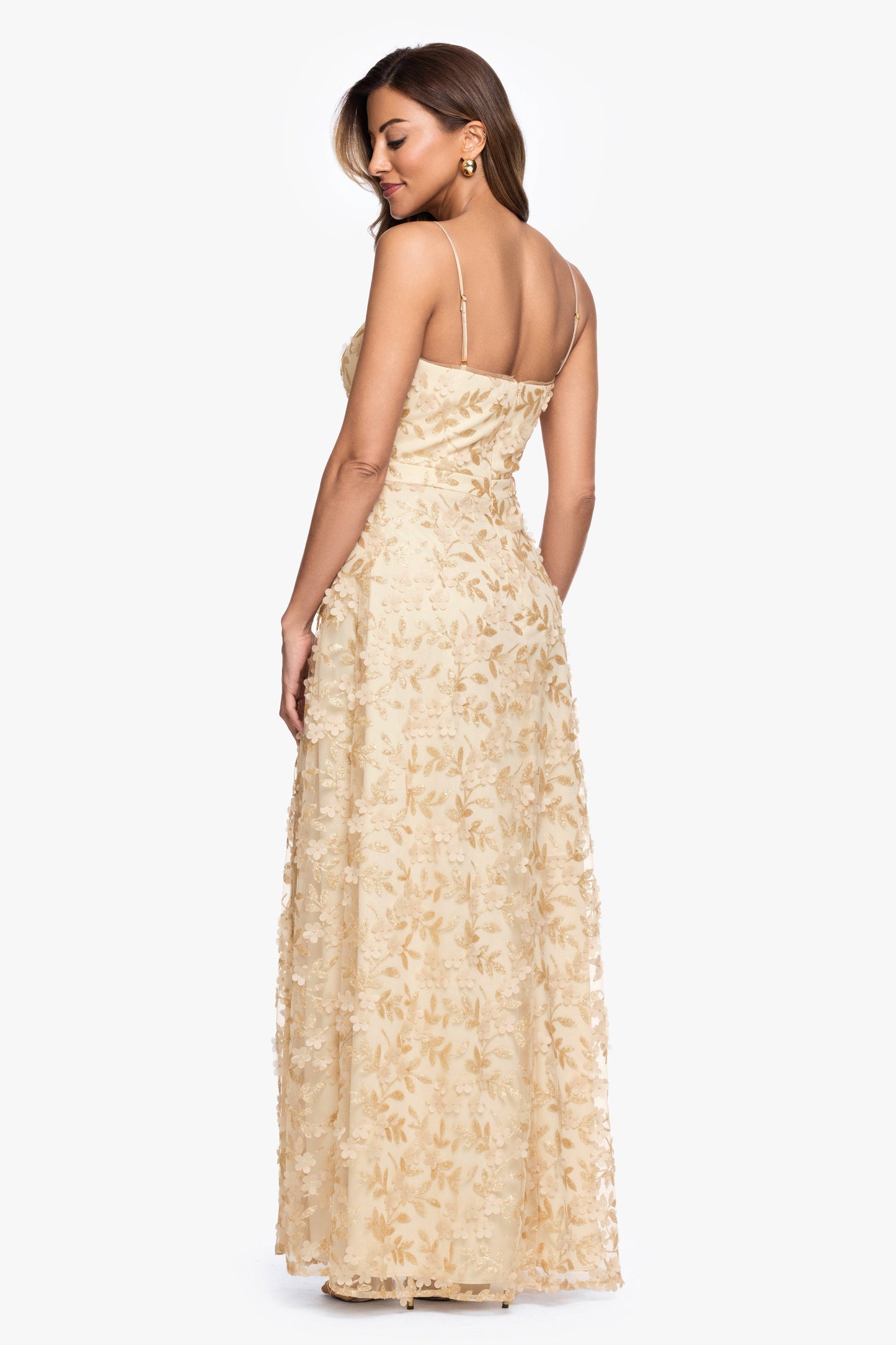 "Natalie" Flower Embellished Spaghetti Strap Gown Gold XSCAPE