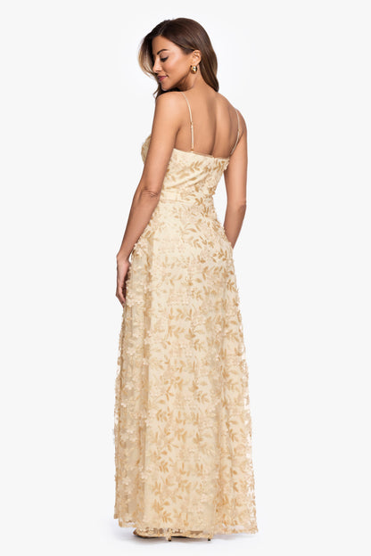 "Natalie" Flower Embellished Spaghetti Strap Gown Gold XSCAPE