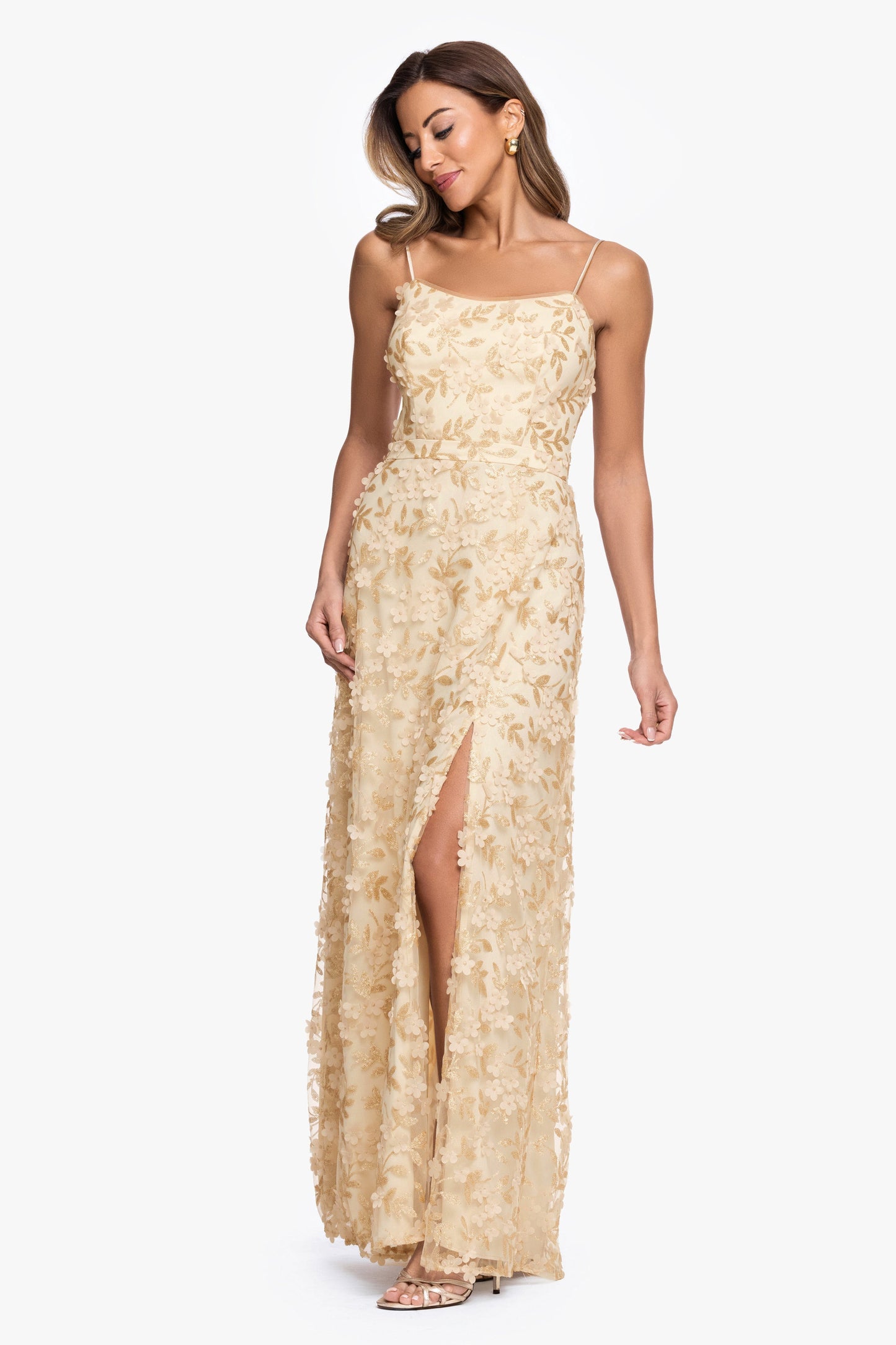 "Natalie" Flower Embellished Spaghetti Strap Gown Gold XSCAPE