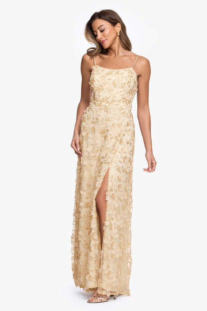 "Natalie" Flower Embellished Spaghetti Strap Gown Gold XSCAPE