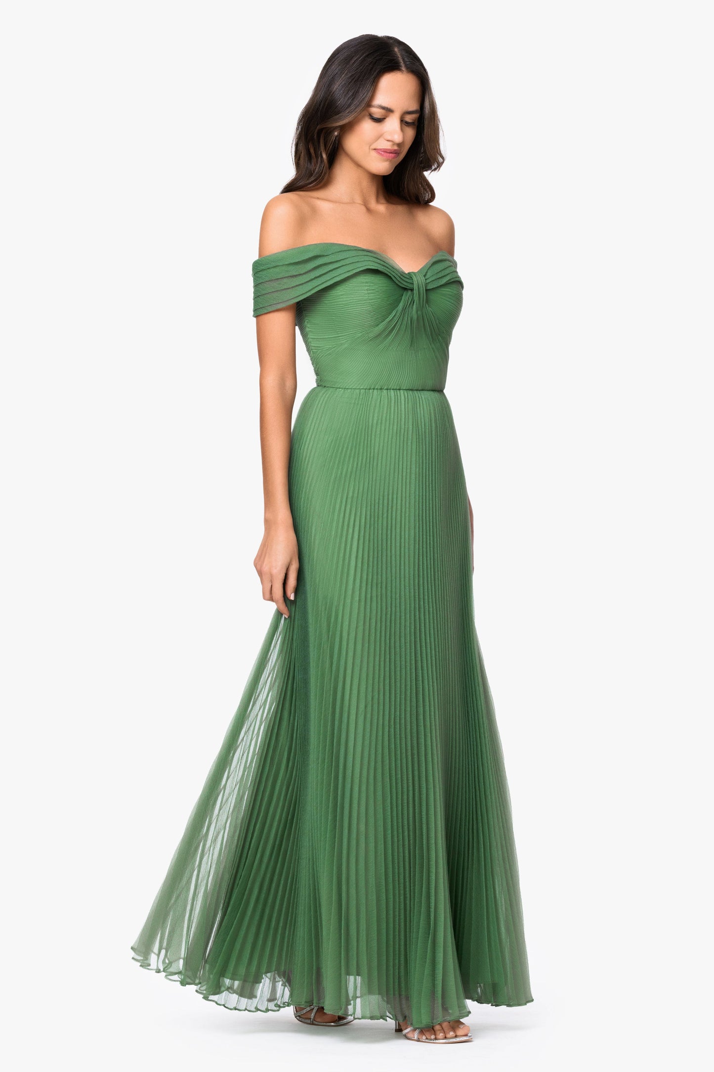 "Cora" Organza Pleated Off The Shoulder Dress Green XSCAPE