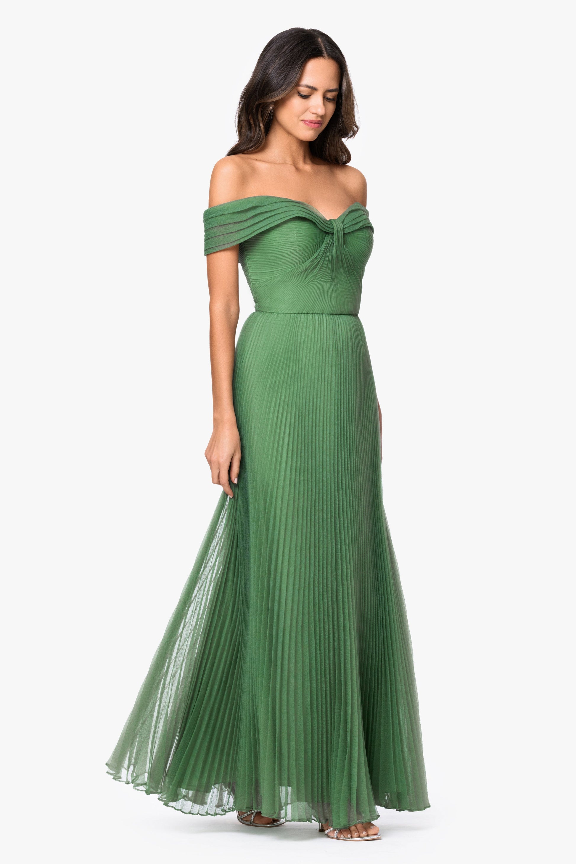 "Cora" Organza Pleated Off The Shoulder Dress Green XSCAPE