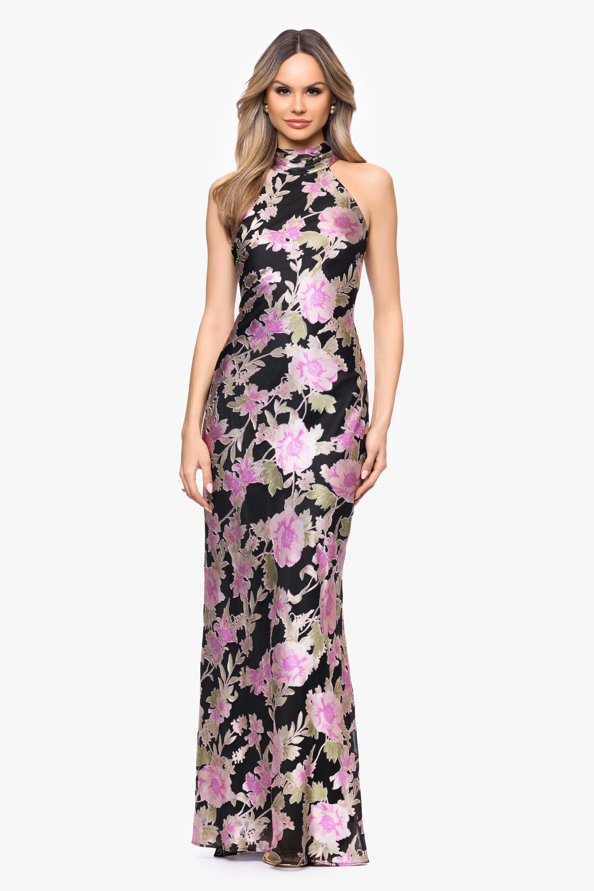 "Elliot" Burnout Chiffon Halter Tie Dress Black/Multi XSCAPE