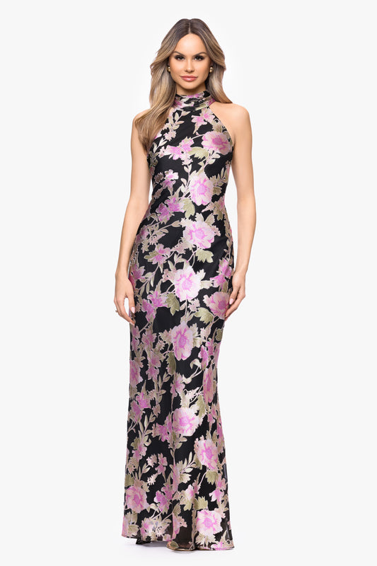 "Elliot" Burnout Chiffon Halter Tie Dress Black/Multi XSCAPE
