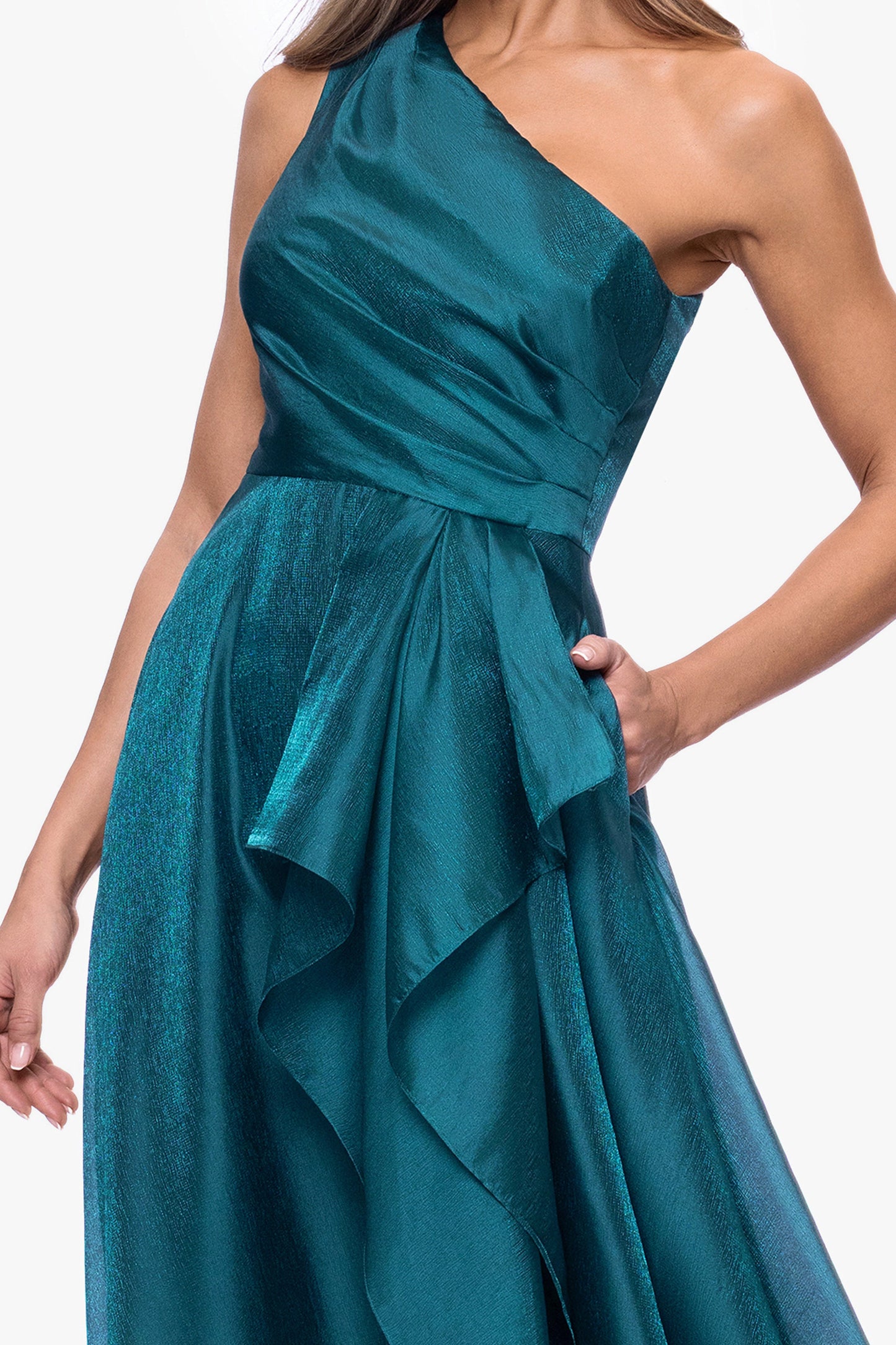 "Samantha" Organza One Shoulder Ruffle Dress Neo Emerald XSCAPE