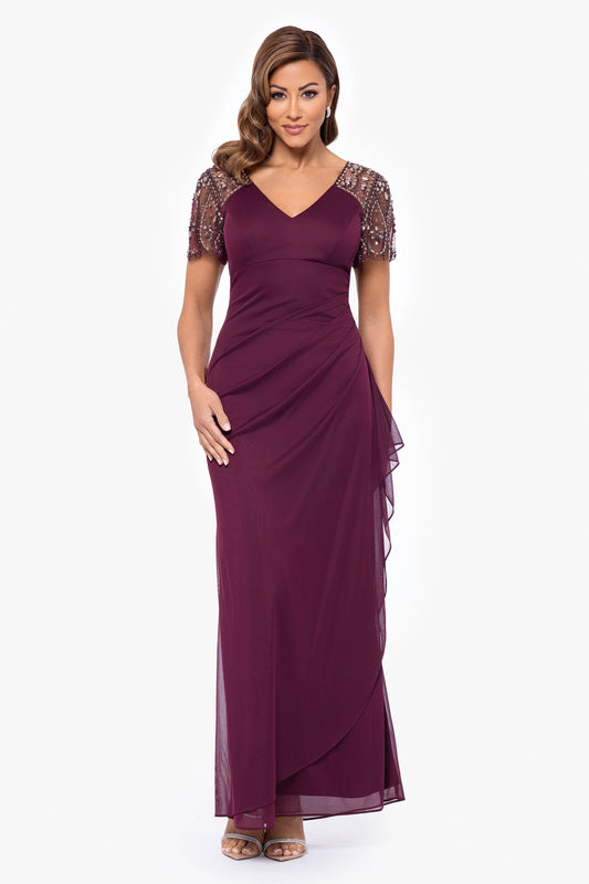 "Lana" Sheer Matte Jersey Beaded Flutter Sleeve Dress Wine XSCAPE
