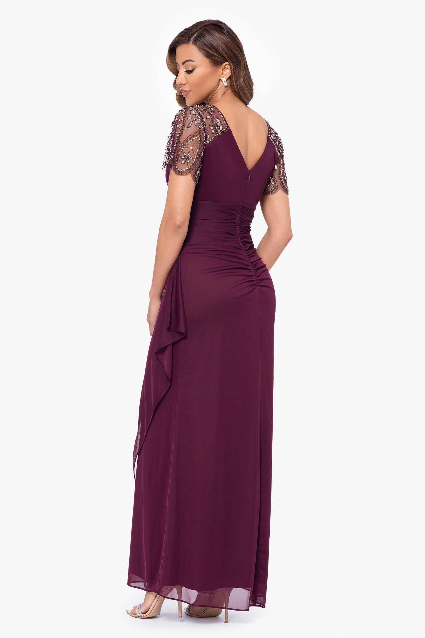 "Lana" Sheer Matte Jersey Beaded Flutter Sleeve Dress Wine XSCAPE