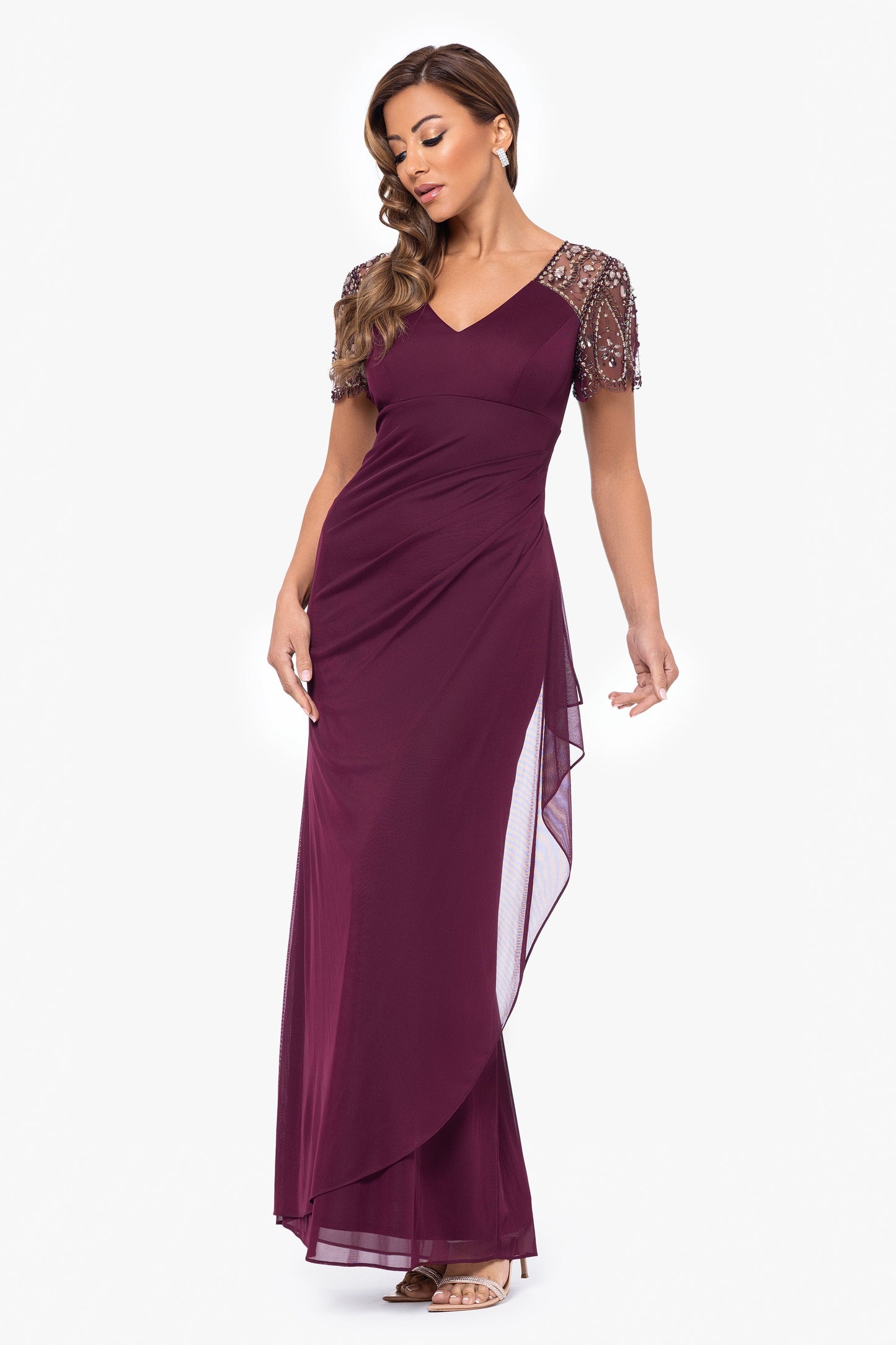 "Lana" Sheer Matte Jersey Beaded Flutter Sleeve Dress Wine XSCAPE