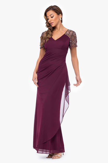 "Lana" Sheer Matte Jersey Beaded Flutter Sleeve Dress Wine XSCAPE