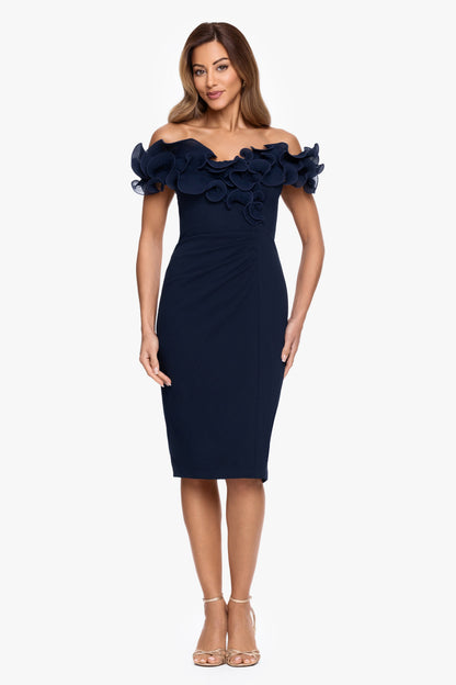 "Natalia" Scuba Crepe Off The Shoulder Ruffle Neck Midi Dress| Xscape Evenings Navy XSCAPE