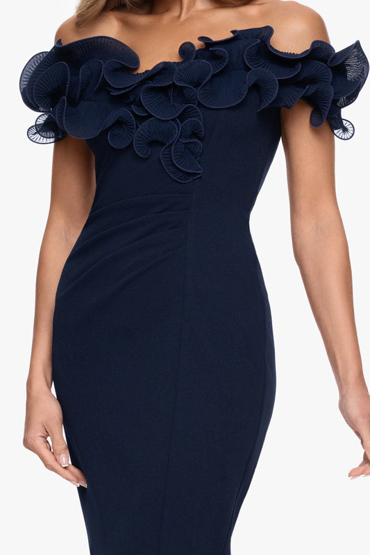 "Natalia" Scuba Crepe Off The Shoulder Ruffle Neck Midi Dress| Xscape Evenings Navy XSCAPE