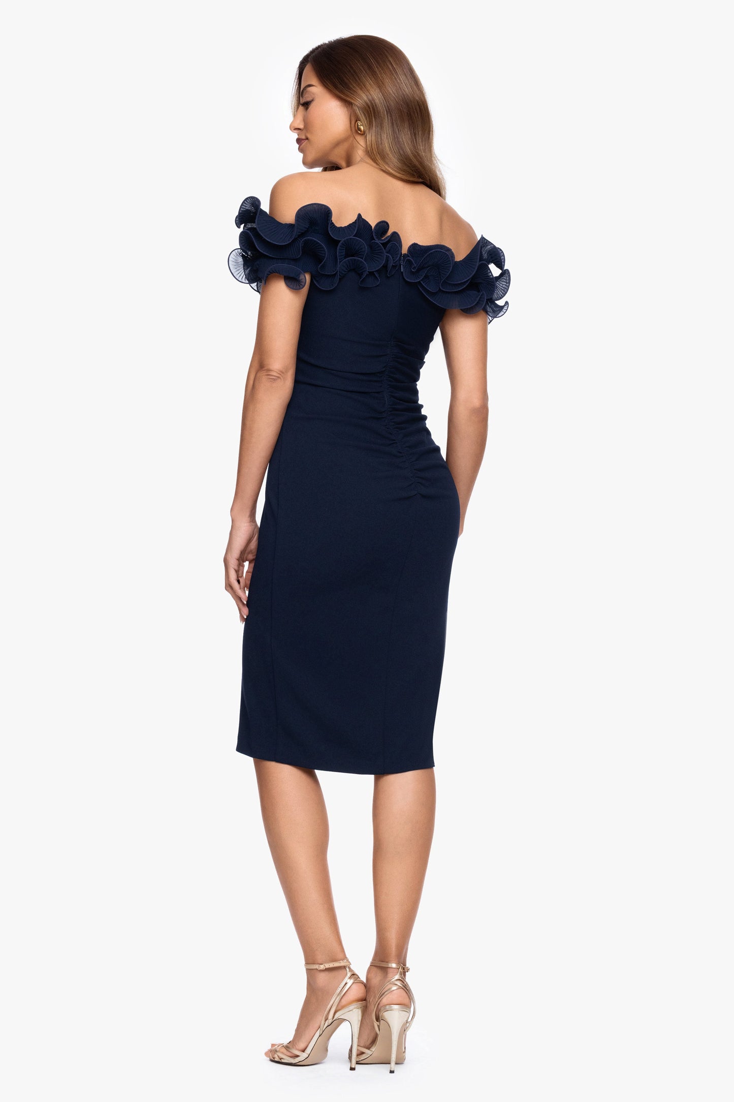 "Natalia" Scuba Crepe Off The Shoulder Ruffle Neck Midi Dress| Xscape Evenings Navy XSCAPE