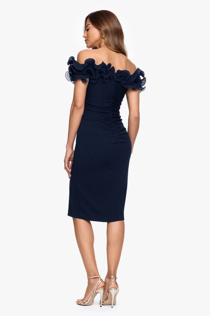 "Natalia" Scuba Crepe Off The Shoulder Ruffle Neck Midi Dress| Xscape Evenings Navy XSCAPE